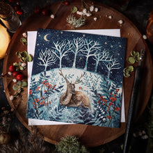 Load image into Gallery viewer, Stag Robin Winter Wonderland Card, Enchanted Forest Greeting, Blank Inside