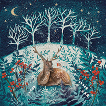 Load image into Gallery viewer, Stag Robin Winter Wonderland Card, Enchanted Forest Greeting, Blank Inside