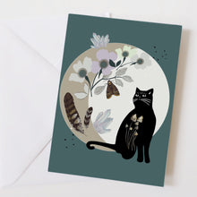Load image into Gallery viewer, Black Cat Birthday Card: Witchy Moon &amp; Crystal Design
