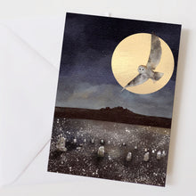 Load image into Gallery viewer, Owl greeting card, stone circle, pagan card
