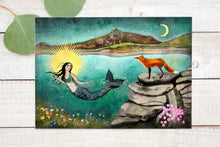 Load image into Gallery viewer, Mermaid and Fox Greeting Card, Cornish Coastline Art
