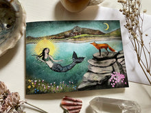 Load image into Gallery viewer, Mermaid and Fox Greeting Card, Cornish Coastline Art
