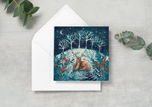 Load image into Gallery viewer, Stag Robin Winter Wonderland Card, Enchanted Forest Greeting, Blank Inside
