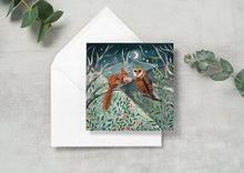 Load image into Gallery viewer, Owl and squirrel, greeting card, winter card, yule
