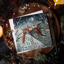 Load image into Gallery viewer, Owl and squirrel, greeting card, winter card, yule
