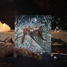 Load image into Gallery viewer, Owl and squirrel, greeting card, winter card, yule

