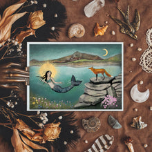 Load image into Gallery viewer, Mermaid and fox illustration - whimsical art - mermaid print
