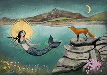 Load image into Gallery viewer, Mermaid and fox illustration - whimsical art - mermaid print
