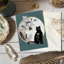 Load image into Gallery viewer, Black Cat Birthday Card: Witchy Moon &amp; Crystal Design
