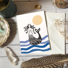 Load image into Gallery viewer, Mermaid of Zennor Card: Lino Print Style Greeting Card
