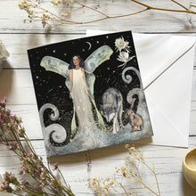 Load image into Gallery viewer, Moon Angel - greeting card - wolf art - hare card
