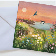 Load image into Gallery viewer, Swallows Coastal Sunset Card, Cornish Scene Blank Card
