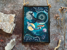 Load image into Gallery viewer, Celestial mermaid and whale illustration,  ocean art, framed.
