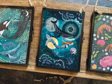 Load image into Gallery viewer, Celestial mermaid and whale illustration,  ocean art, framed.
