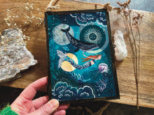 Load image into Gallery viewer, Celestial mermaid and whale illustration,  ocean art, framed.
