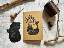 Load image into Gallery viewer, Lino printed - handbound - mermaid - notebook

