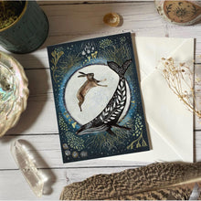 Load image into Gallery viewer, Whale and hare greeting card - celestial card - lichen
