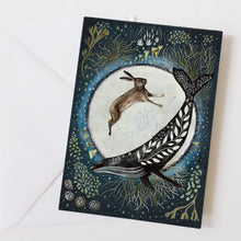Load image into Gallery viewer, Whale and hare greeting card - celestial card - lichen
