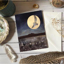 Load image into Gallery viewer, Owl greeting card, stone circle, pagan card
