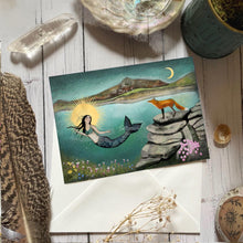 Load image into Gallery viewer, Mermaid and Fox Greeting Card, Cornish Coastline Art

