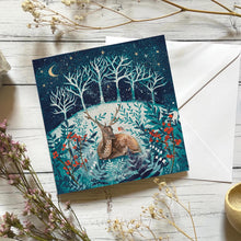 Load image into Gallery viewer, Stag Robin Winter Wonderland Card, Enchanted Forest Greeting, Blank Inside

