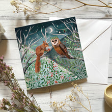 Load image into Gallery viewer, Owl and squirrel, greeting card, winter card, yule
