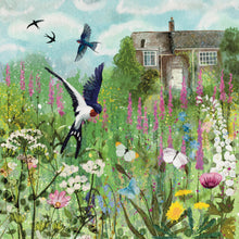 Load image into Gallery viewer, Swallows and foxgloves, country garden, illustration

