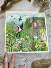 Load image into Gallery viewer, Swallows and foxgloves, country garden, illustration
