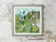 Load image into Gallery viewer, Swallows and foxgloves, country garden, illustration
