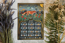 Load image into Gallery viewer, 2027 Moon Phase Calendar - Lunar wall art - fox illustration - Gold foil
