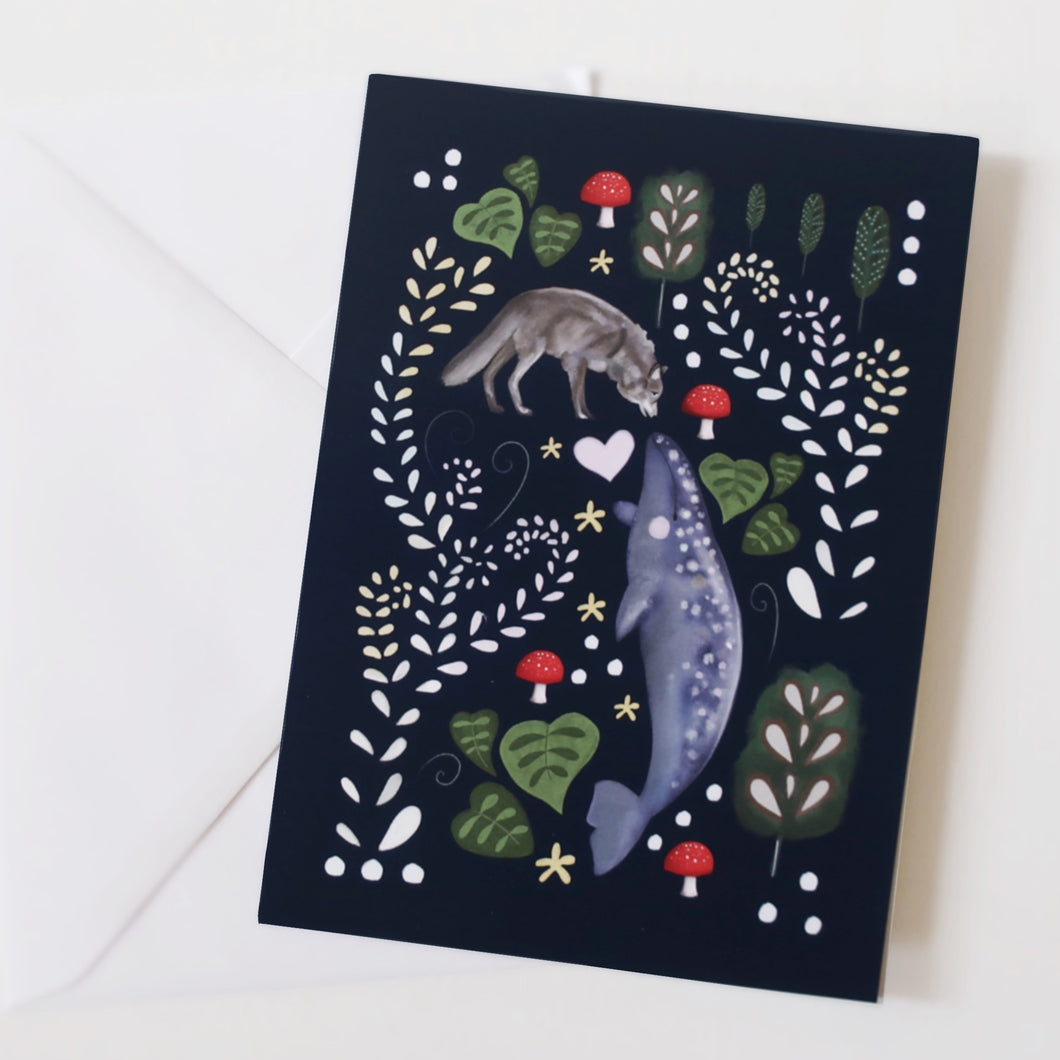 wolf and whale card, greeting card