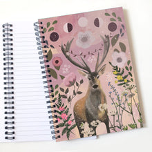 Load image into Gallery viewer, A stag notebook with pink flowers and moon phases
