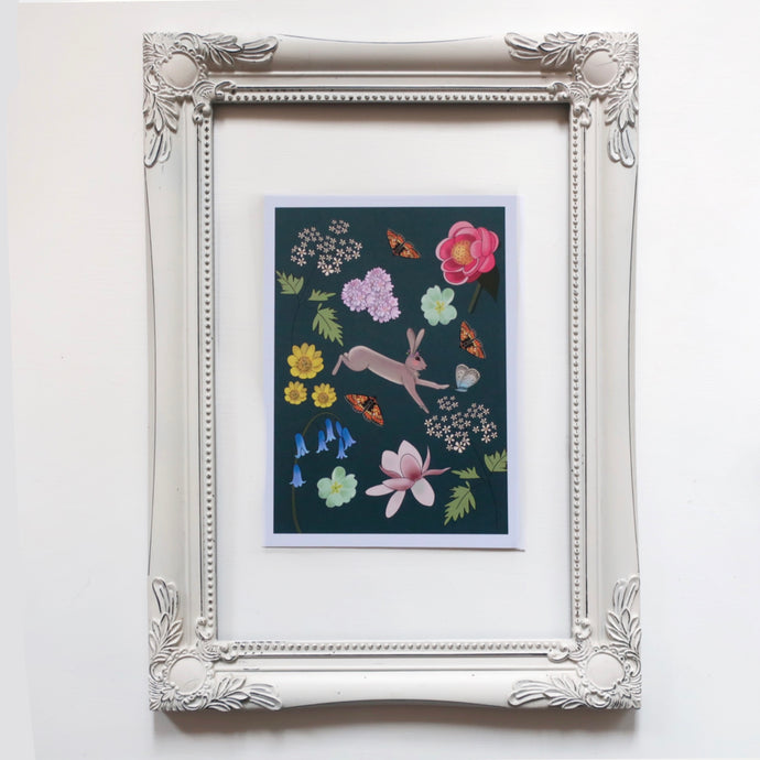 Hare and flowers print in frame
