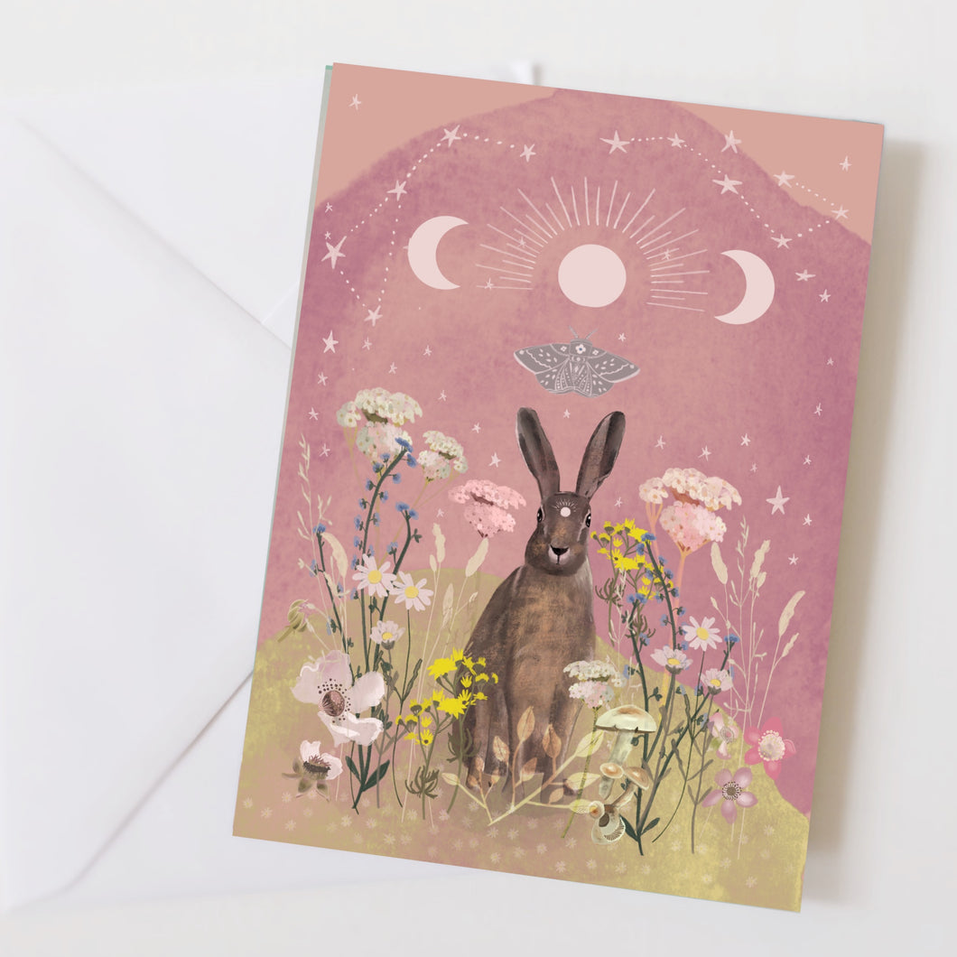 Moon phase hare greeting card