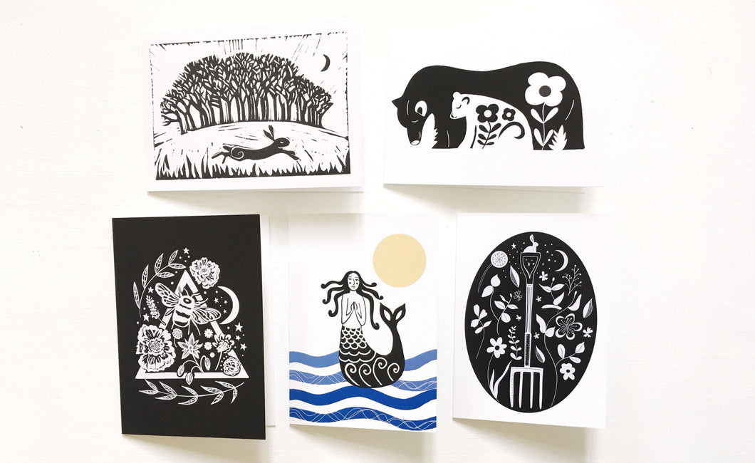 Set of five Lino print cards